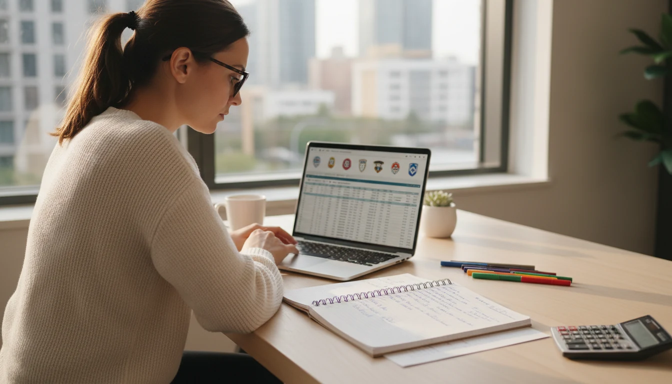 Woman calculating betting odds and probabilities at her desk