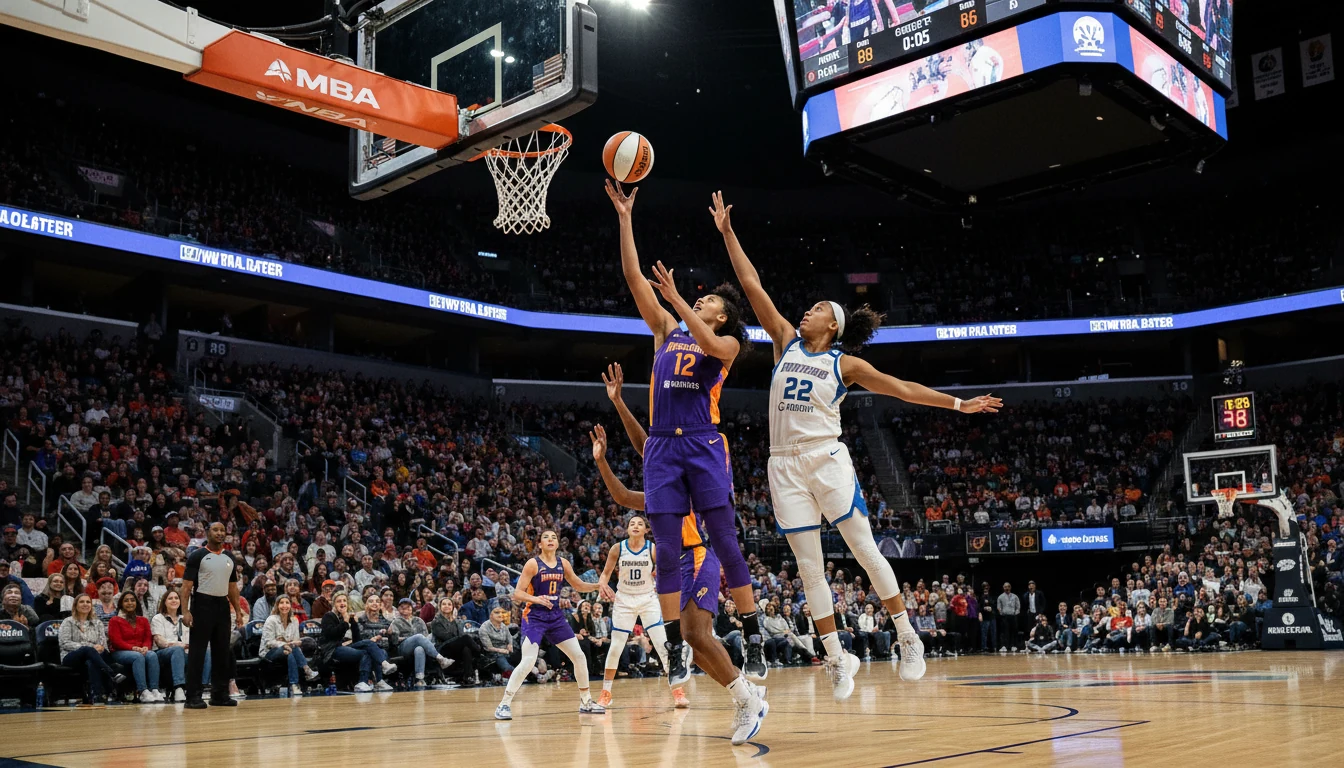 WNBA basketball game in action with players competing intensely on the court