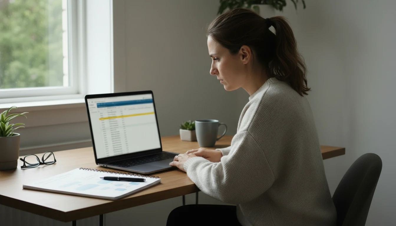 Woman analyzing WNBA statistics and player data on her laptop computer