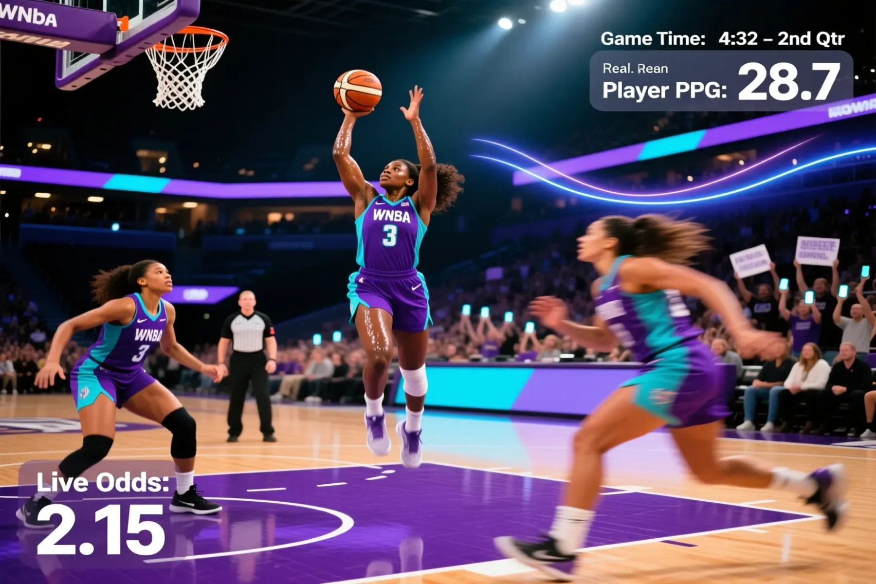 Dynamic WNBA basketball game action with betting odds graphics overlay