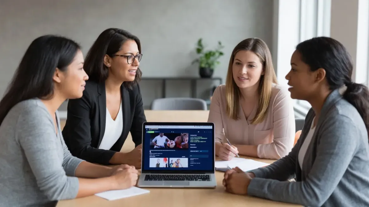 Diverse group of confident women having friendly discussion about betting strategies around laptop with sports analytics