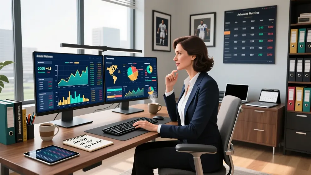 Professional woman conducting thorough sports betting research and analysis with multiple screens showing statistics, charts, and data visualizations
