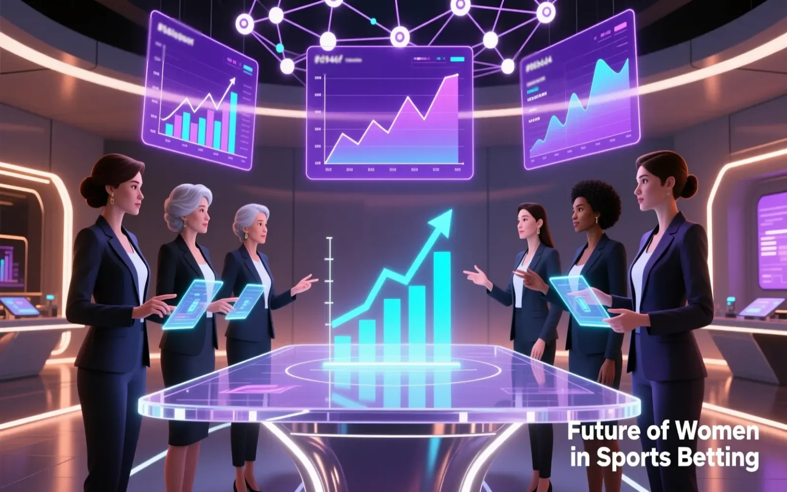 Diverse group of women collaborating with futuristic sports analytics display showing growth trends