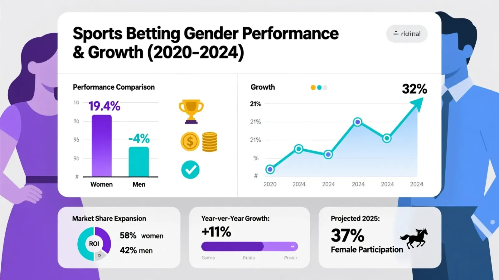 Infographic comparing betting statistics between women and men, showing ROI differences