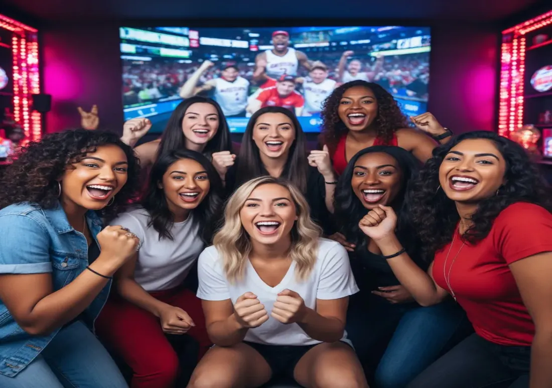 Energetic group of diverse women cheering and celebrating together at live sports viewing party in modern sports bar with betting apps