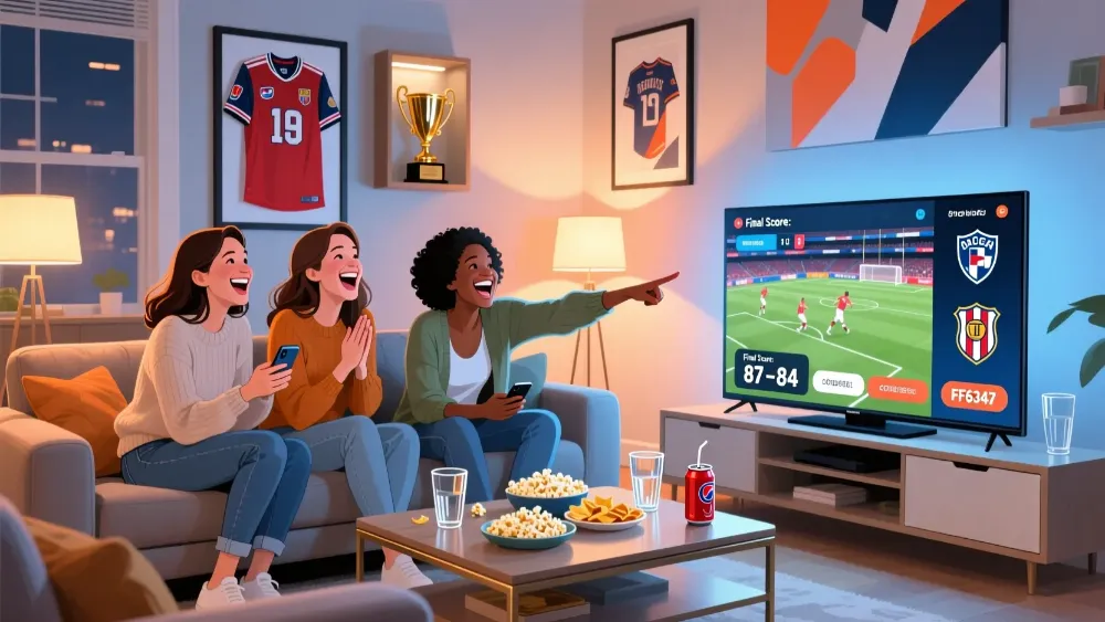 Group of diverse women friends watching sports together and enjoying social betting experience in a comfortable living room setting