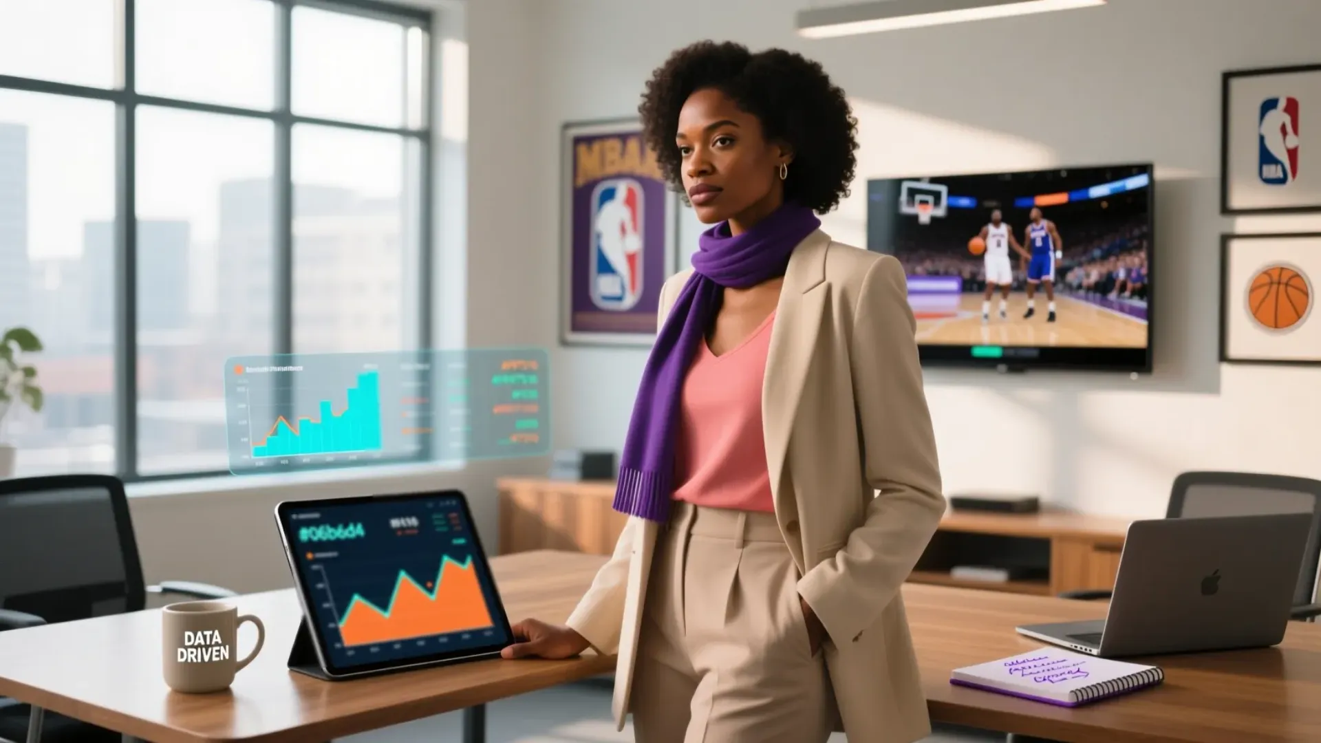 Confident woman analyzing sports statistics on tablet in modern setting