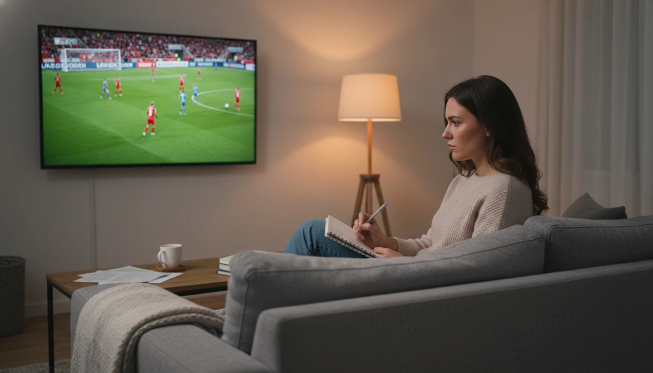 Woman watching a soccer match on TV while taking notes for betting analysis