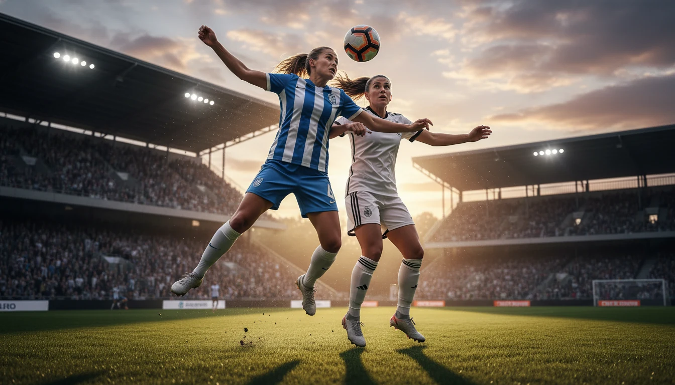 Women's soccer match in progress with players competing for the ball on a grass pitch