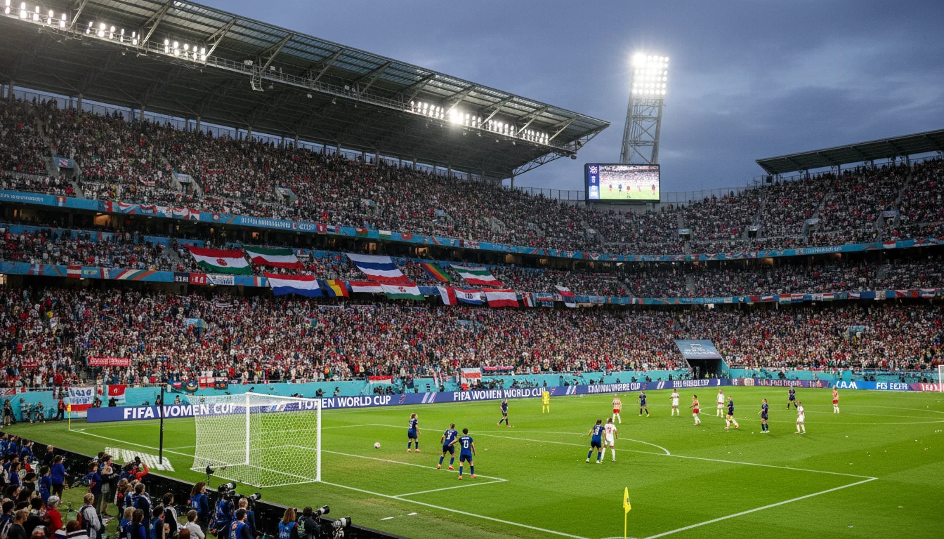 Packed stadium during a Women's World Cup match with national team flags visible