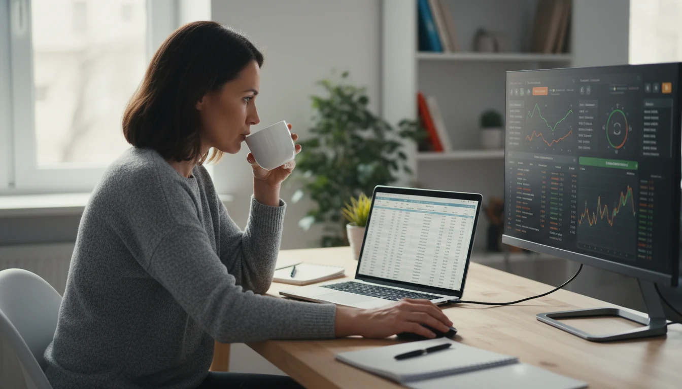Woman analyzing sports betting opportunities on her laptop with multiple screens showing game statistics