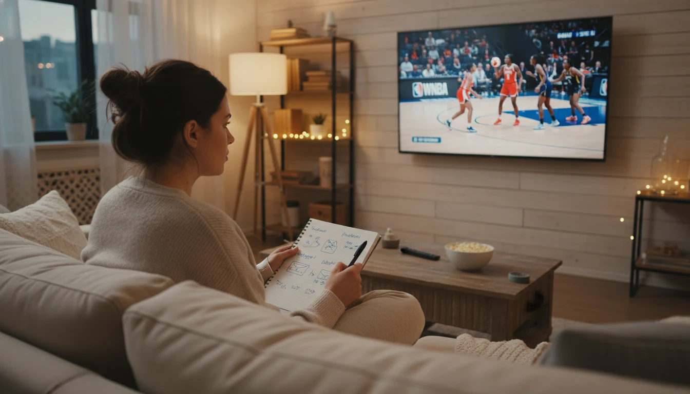 Woman watching a WNBA game on TV while making notes about betting opportunities