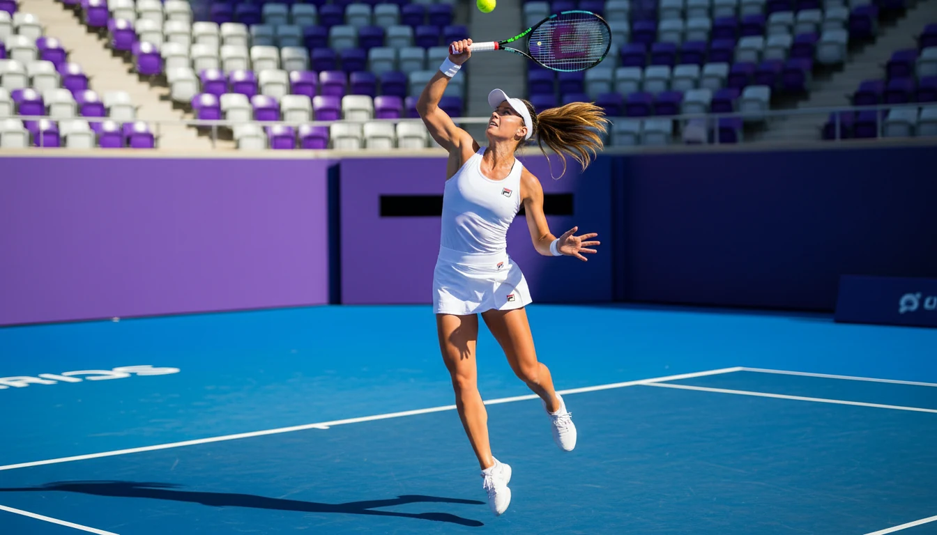 Female tennis player serving on a professional hard court during a WTA tournament