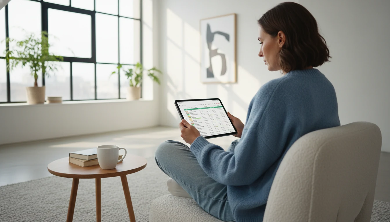 Woman researching tennis statistics on a tablet device before placing bets